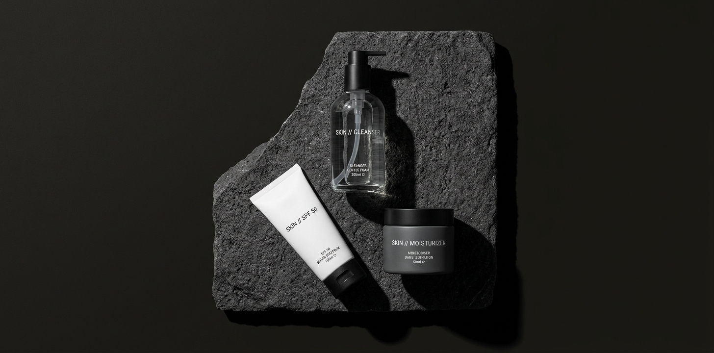 Hudvårdsprodukter för män på en nordisk bänkyta