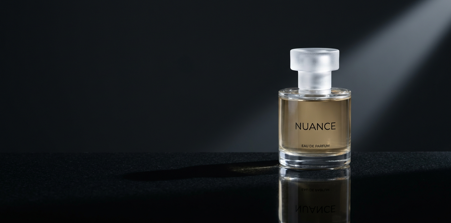 Parfymflaska på mörkt trä med amberfärgat ljus